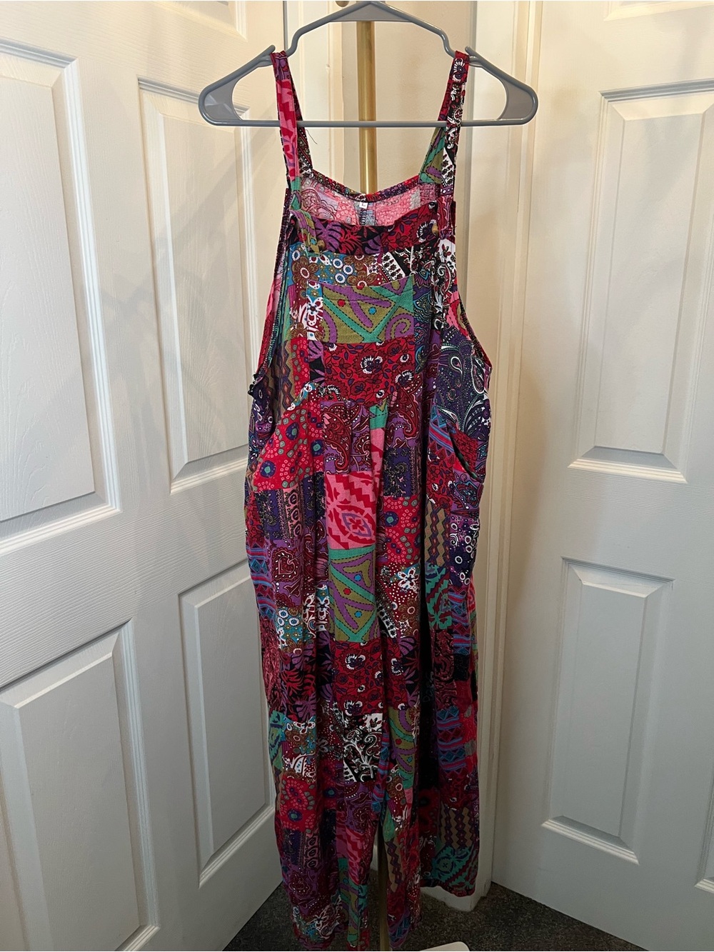 Wide Leg Patchwork overalls in Red Multi